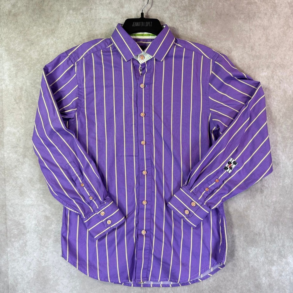 Robert Graham Button Men Medium Purple Striped Long Sleeve Contrast Trim Preppy